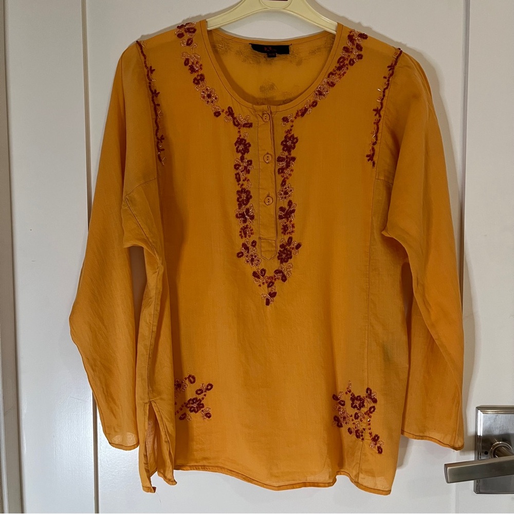 Vintage Beaded Cotton Orange Flowy Women's Blouse. Size Medium